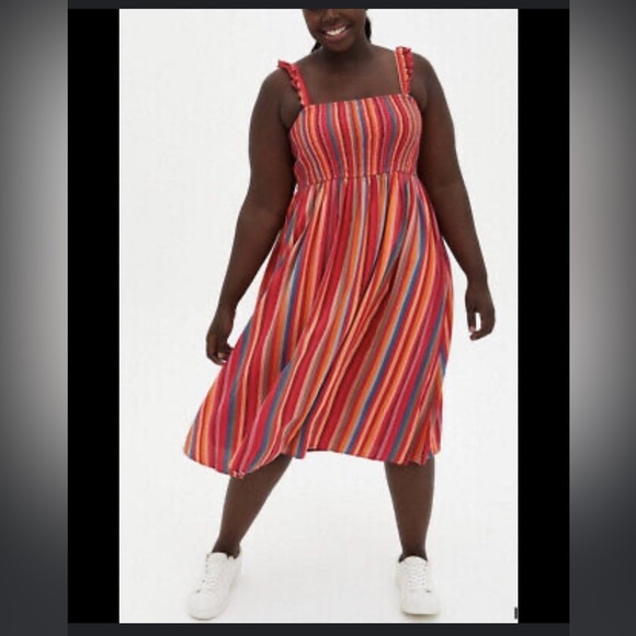Torrid Midi Challis Striped Dress Womens Size 4 4X Pink Blue Smocked Tiered - Picture 2 of 16